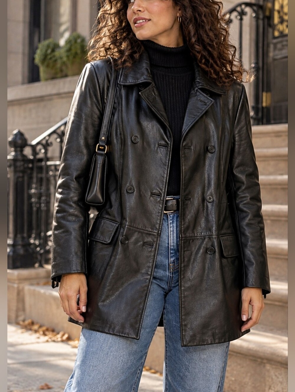 Danier  Genuine Leather Black Double Breasted Coat Jacket Size 8-10